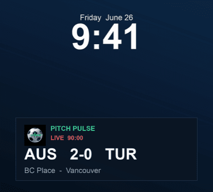 A Lock Screen Live Activity showing a match score updating in place, with the app name, the live minute and the venue